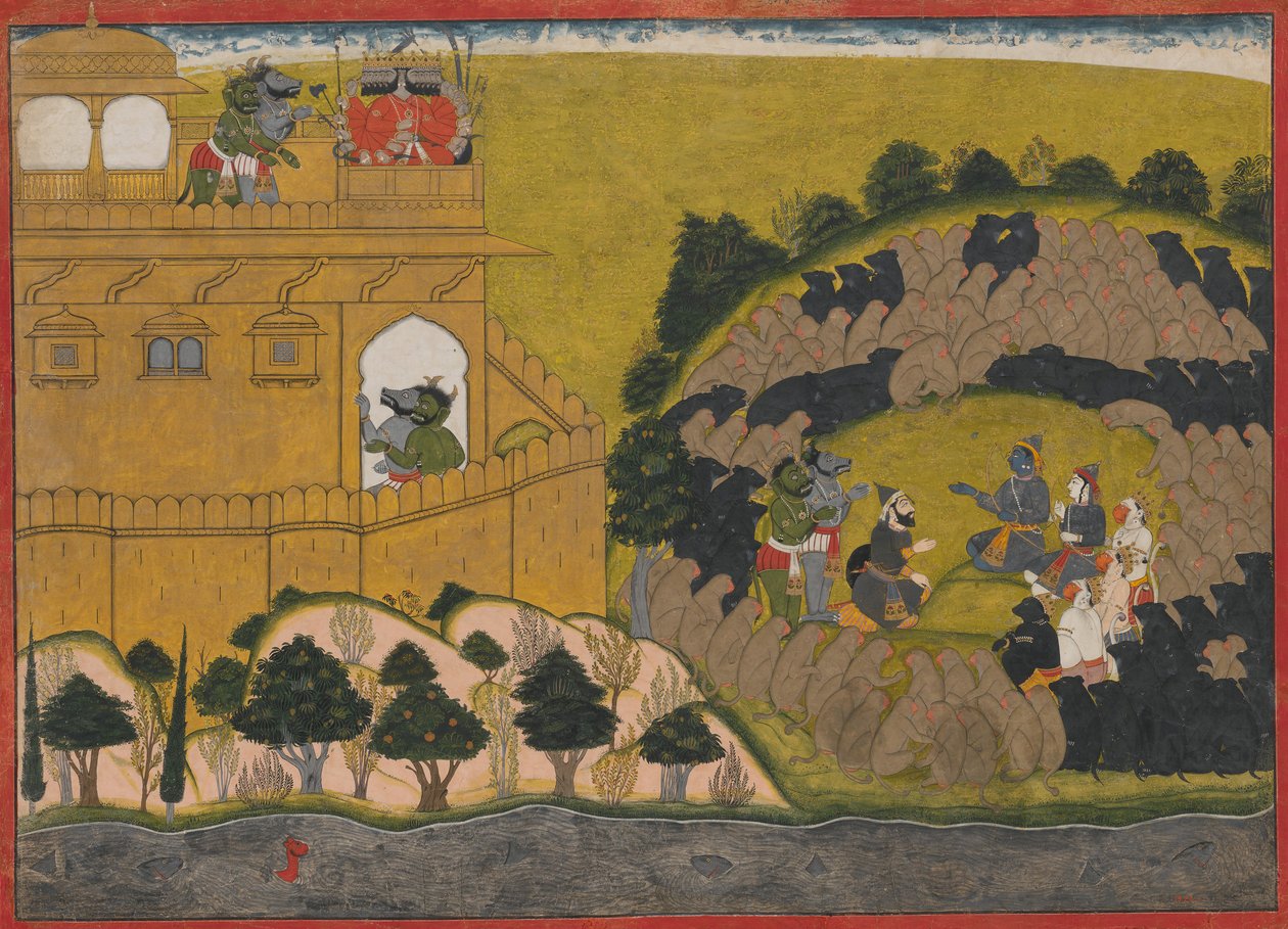 Rama Releases the Demon Spies Shuka and Sarana: Folio fra Siege of Lanka-serien, ca.1725. av Manaku
