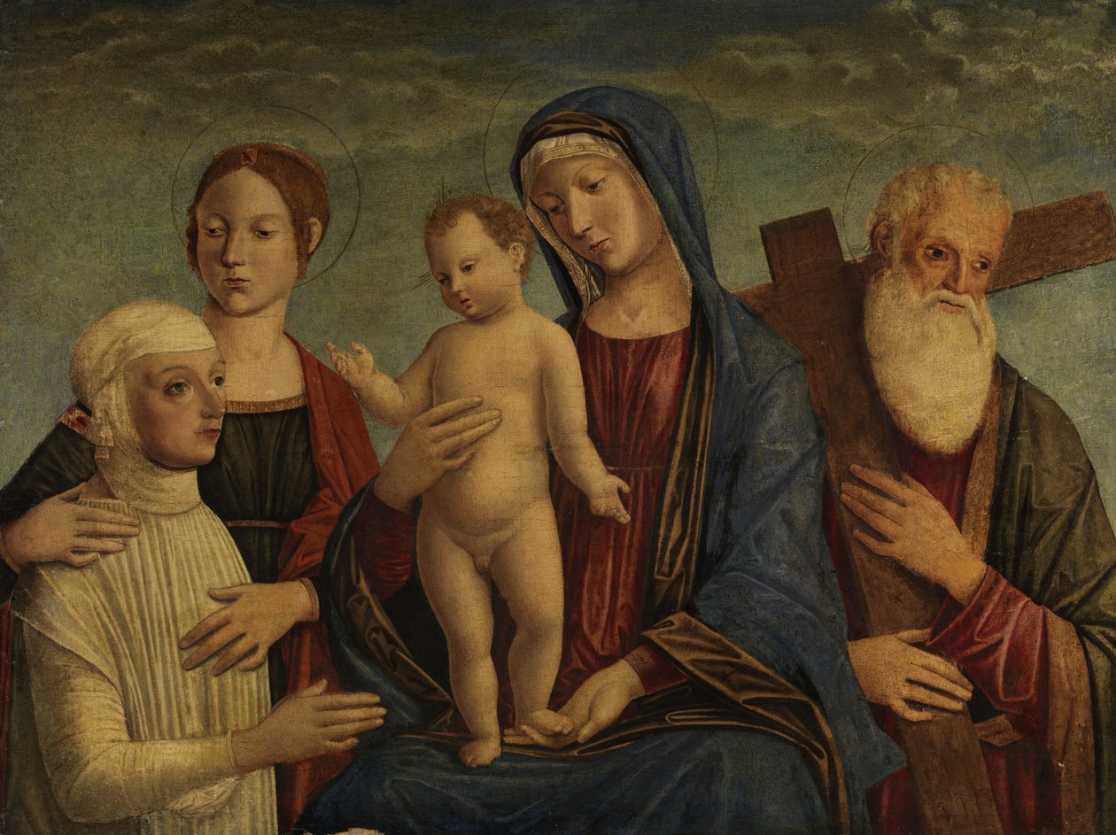 Madonna med barnet, to helgener og en donorfigur av Manner of Jacopo Bellini
