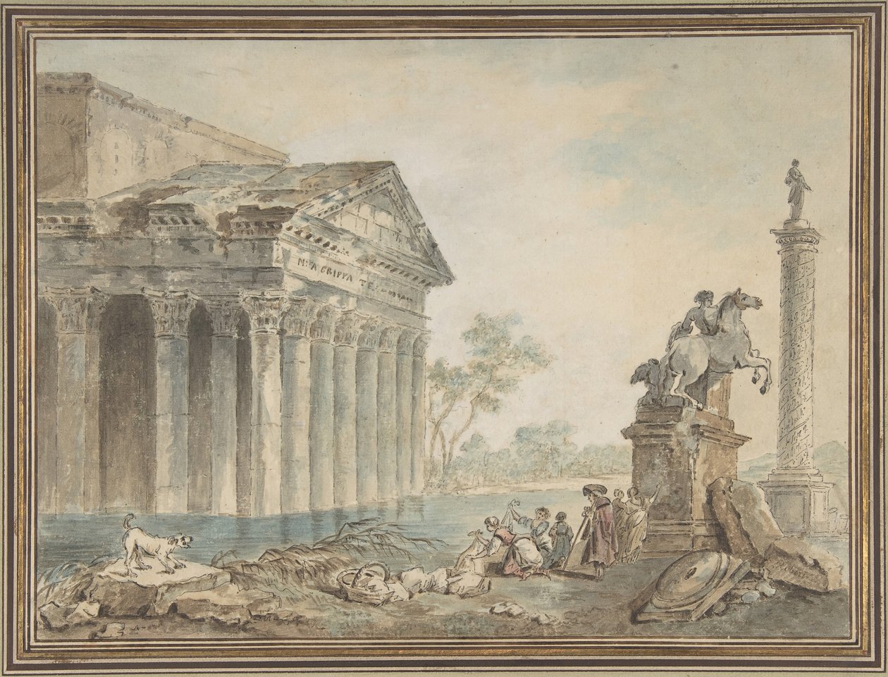 Arkitektonisk Capriccio med romerske monumenter og vaskekvinner, n.d.. av Manner of Hubert Robert