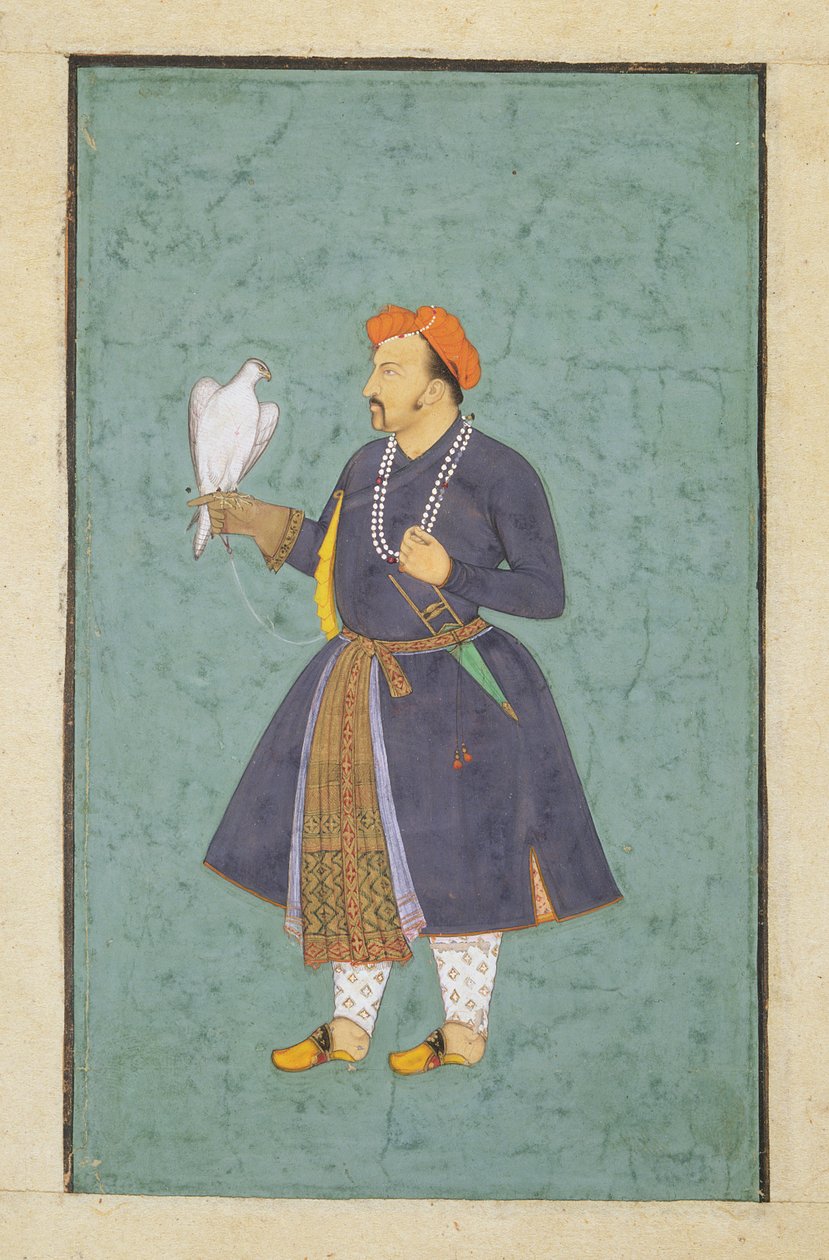 Portrett av Jahangir som holder en falk, ca. 1600-10 (wc og gull på papir) av Manohar attr. to Manohar attr. to