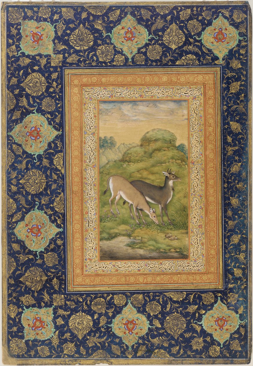 To hjort i et landskap, School of Jahandir (farge og gull på papir) av Mansur