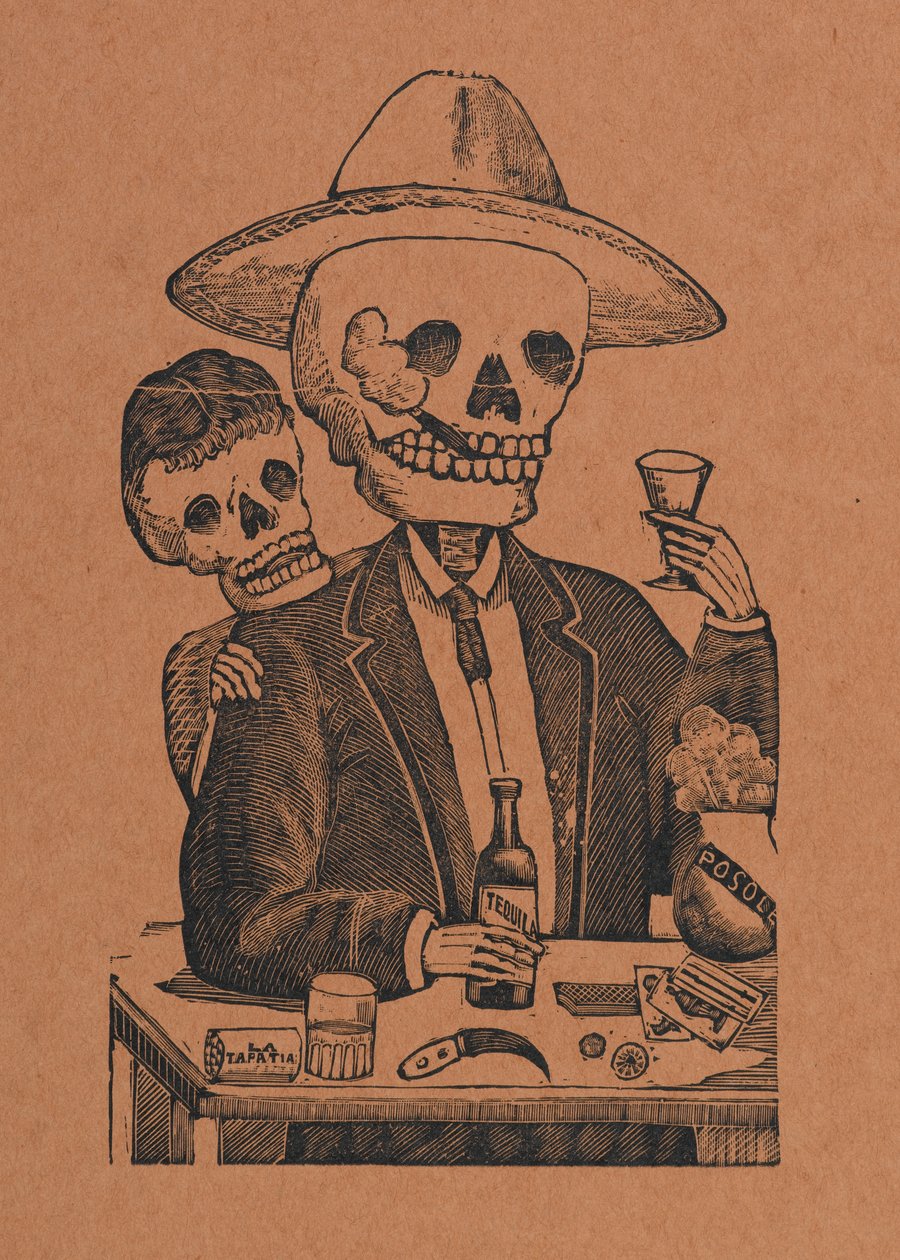 Skjelettfigur i en bar, fra 330 Grabados Originales, trykt av Antonio Vanegas Arroyo (1850-1917), Mexico by, Mexico (relieffgravering) av Manuel Manilla