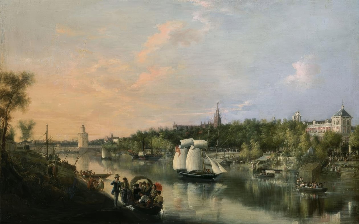 EL GUADALQUIVIR SOM DEN GÅR GJENNOM SEVILLA – 1851 – OELO / LERT 86,5X135,4CM av Manuel Barron y Carrillo