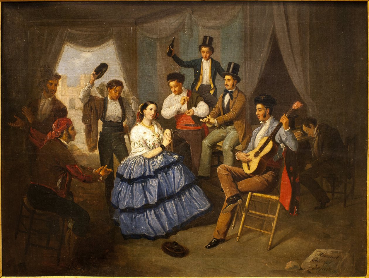 Danser i et karnevalshus. Maleri av Manuel Cabral Bejarano (1827-1891), olje på lerret av Manuel Cabral y Aguado Bejarano