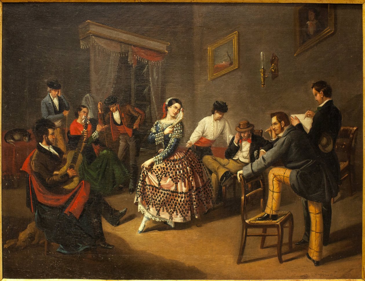 Danser i en stue. Maleri av Manuel Cabral Bejarano (1827-1891), olje på lerret av Manuel Cabral y Aguado Bejarano