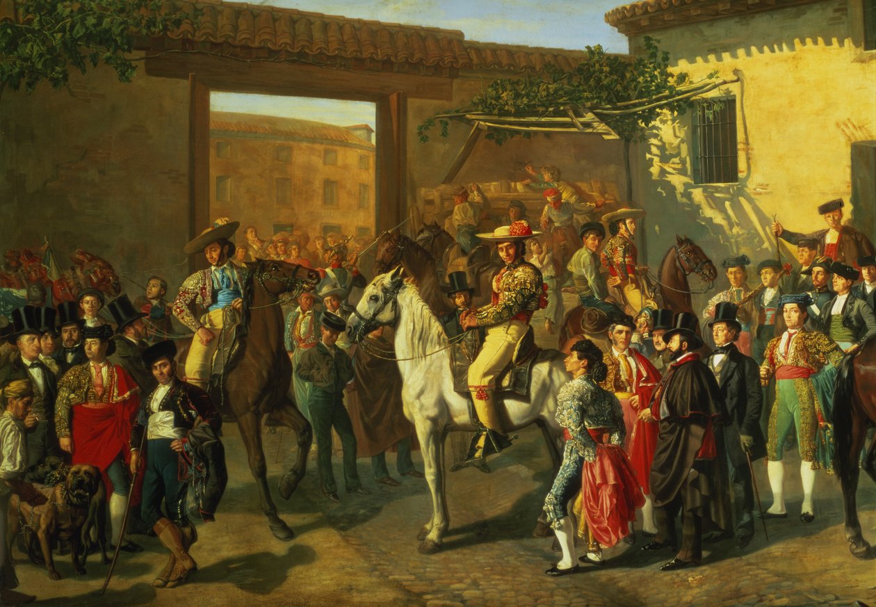 Hester i en gårdsplass ved tyrefekterarenaen før tyrefekten, Madrid, 1853 (detalj) av Manuel Castellano