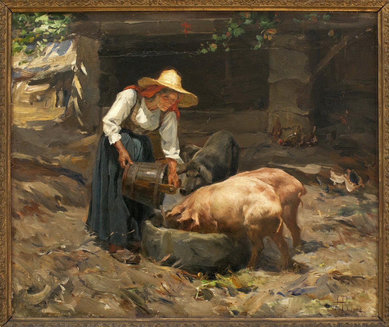 Grisens måltid; Maleri av Manuel Henrique Pinto (1853-1912), olje på tre av Manuel Henrique Pinto