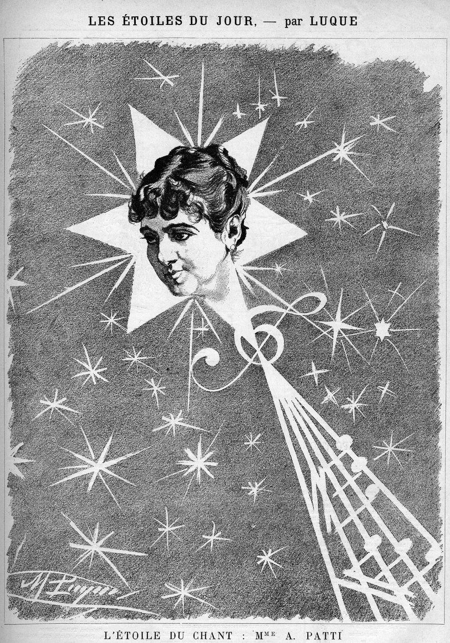 Adelina Patti (1843-1919), italiensk sanger. «The star of sing», tegneserie av tegneserieskaperen Manuel Luque. I "The Cartoon" fra 1886. av Manuel Luque