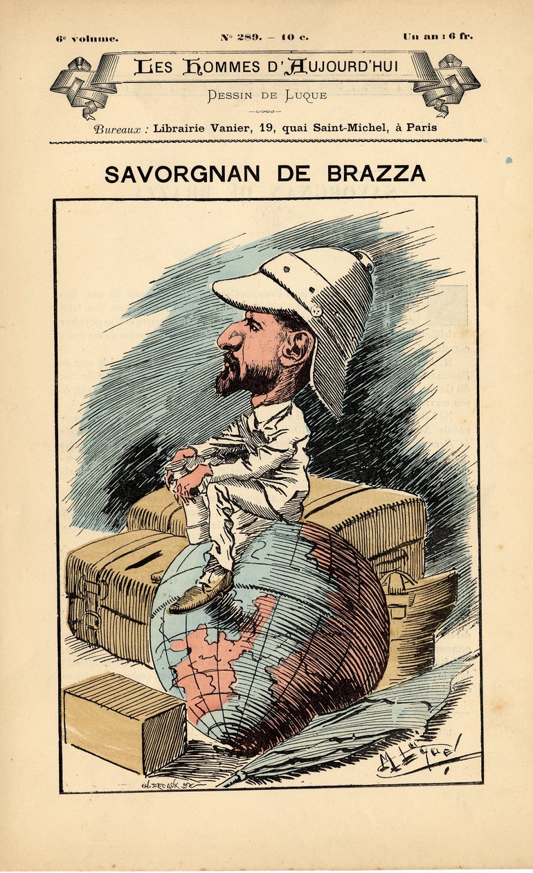 Forside av The People of Today, nummer 289, illustrasjon av Manuel Luque (1854-1919): Colonization Colonialism Colonies - Explorer, Pierre Savorgnan de Brazza (1852-1905) - Earth av Manuel Luque