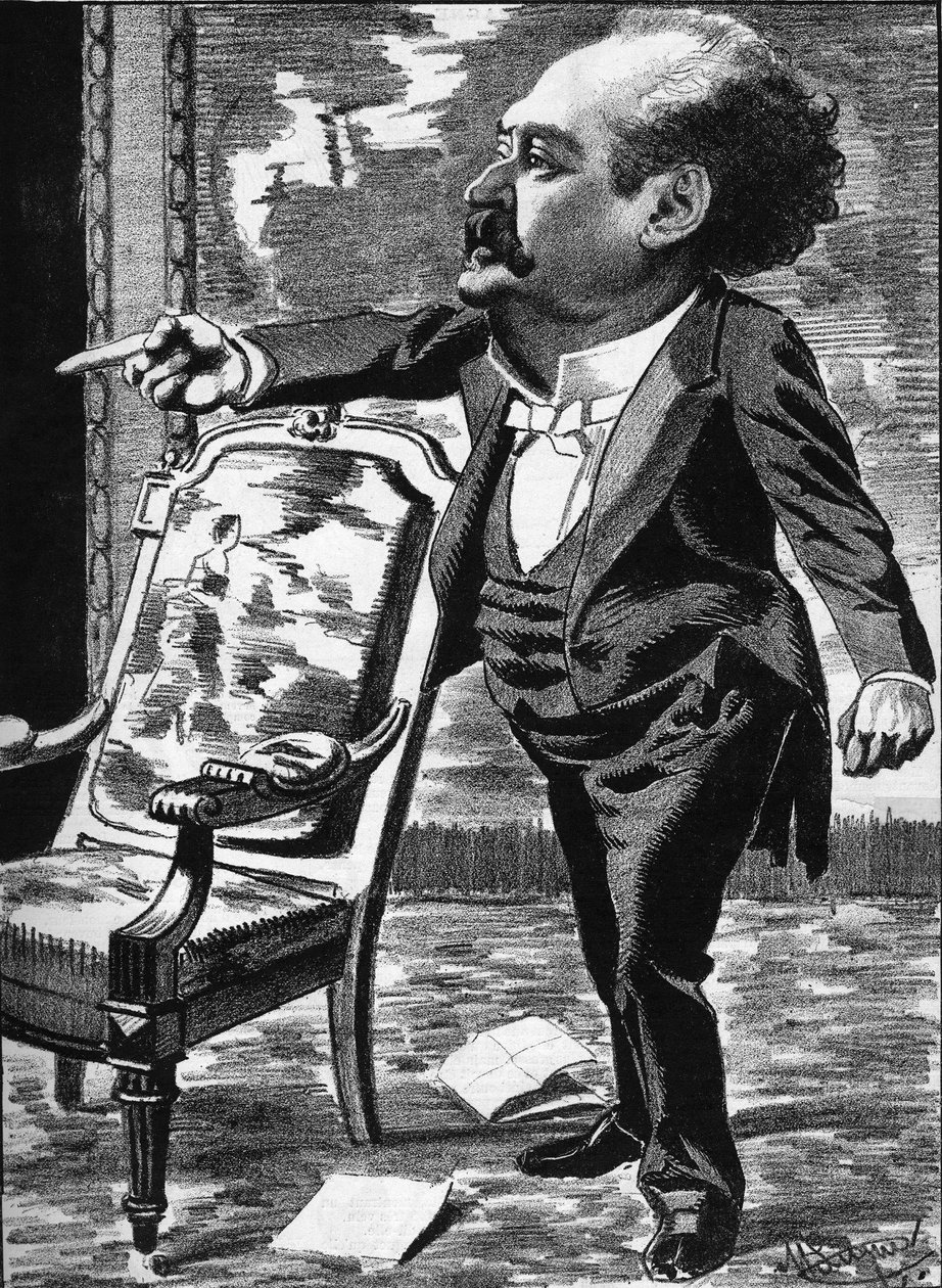 Jose Dupuis (1831-1900), skuespiller, fantasy-komiker. Tegneserie av tegneserieskaperen Manuel Luque. I "The Cartoon" fra 1886. av Manuel Luque