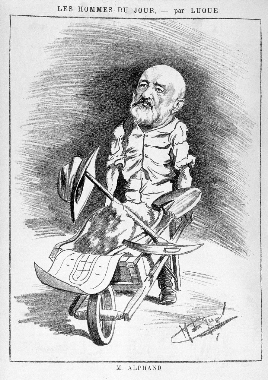 Transformations of Paris under the Second Empire, Haussmann Paris: Humoristisk tegning som viser Jean Charles Adolphe Alphand (1817-1891), ingeniør. Han deltok i renoveringen av Paris ledet av baron Haussmann mellom 1852 og 1870. Gravering i «Les h av Manuel Luque