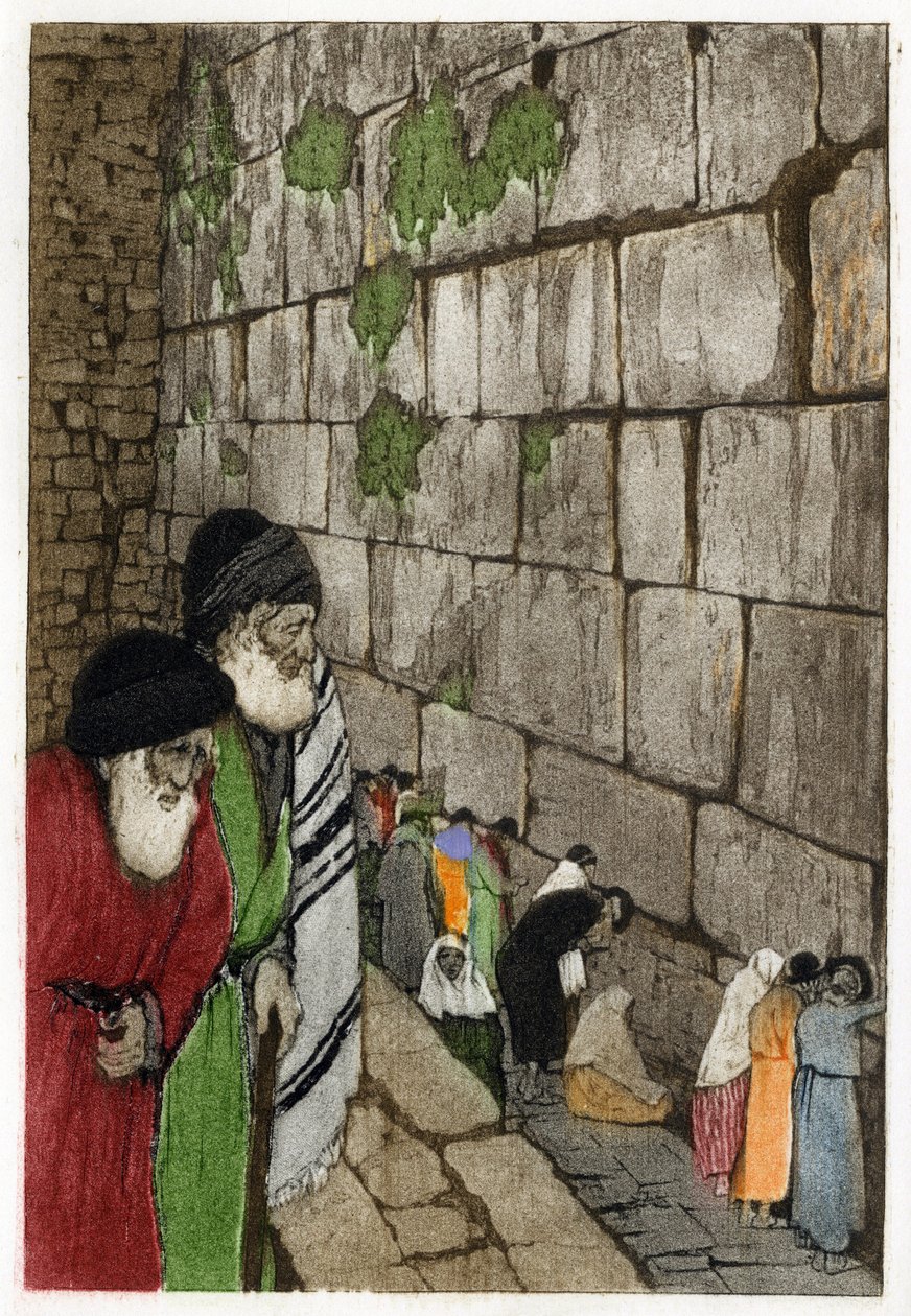 Jøder foran Klagemuren, den eneste resten av Jerusalems tempel bygget av kong Salomo i -950. Gravering av Manuel Orazzi (1860-1934), i "" L