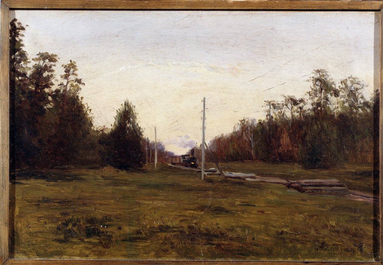 Landskap med tog. Maleri av Manuil Christoforovitsj Aladzhalov (1862-1934). Olje på papp, 29,5 x 43,5 cm. Russisk kunst tidlig på 1900-tallet. Regionalt kunstmuseum, Plyos. ©FineArtImage/Leemage av Manuil Christoforovich Aladzhalov