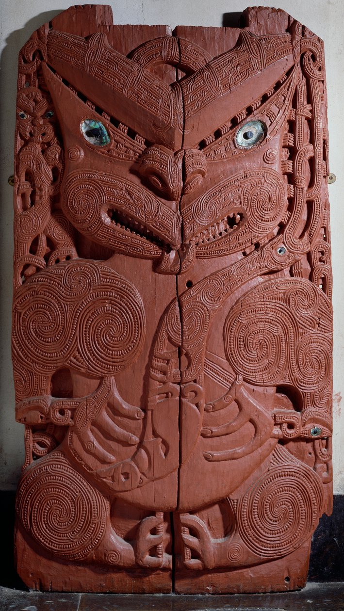 Maori dekorativt panel med imaginær antropomorf figur, New Zealand sivilisasjon av Maori Maori