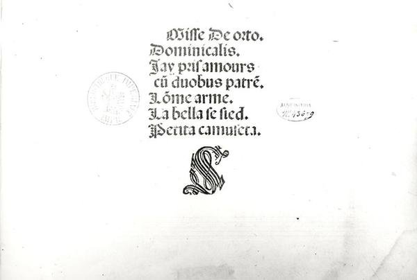Tittelside fra en offentlig messe fremført i Venezia trykt av Ottaviano Petrucci (1466-1539) 1505 av Marbriano de Orto