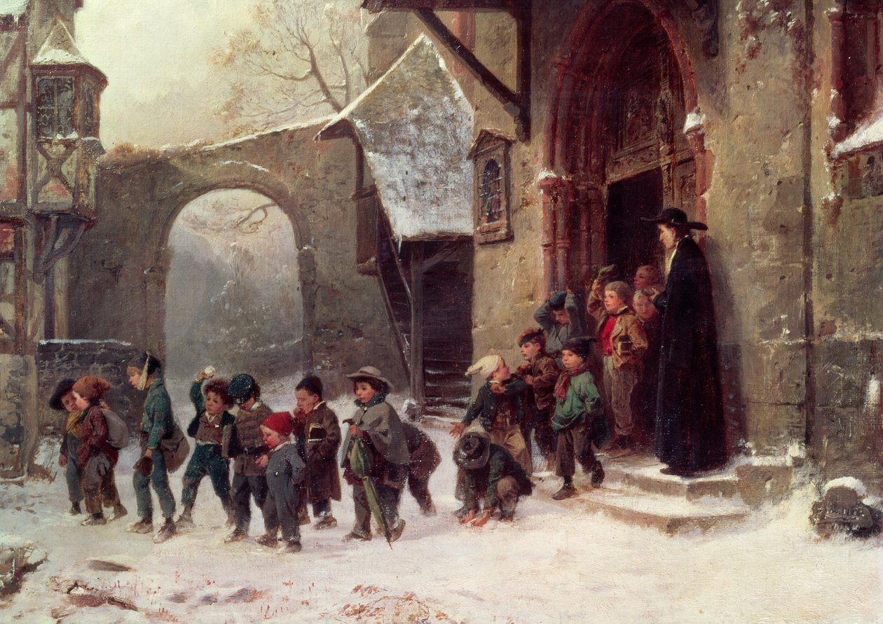 Snøscene: Barn som forlater skolen, ca. 1853 av Marc Louis Benjamin Vautier