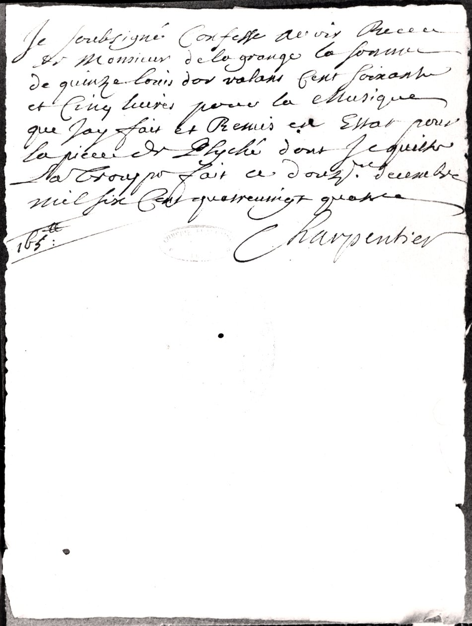 Brev angående musikken komponert av Charpentier for Psyche av Moliere (1622-73) 1684 (bw-foto) av Marc Antoine Charpentier