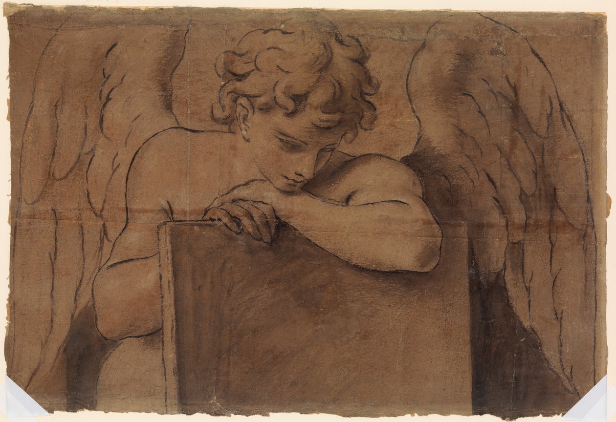 Tegneseriefragment for en engel som lener seg på et nettbrett eller en lukket bok, ca. 1690-95. av Marc Antonio Franceschini