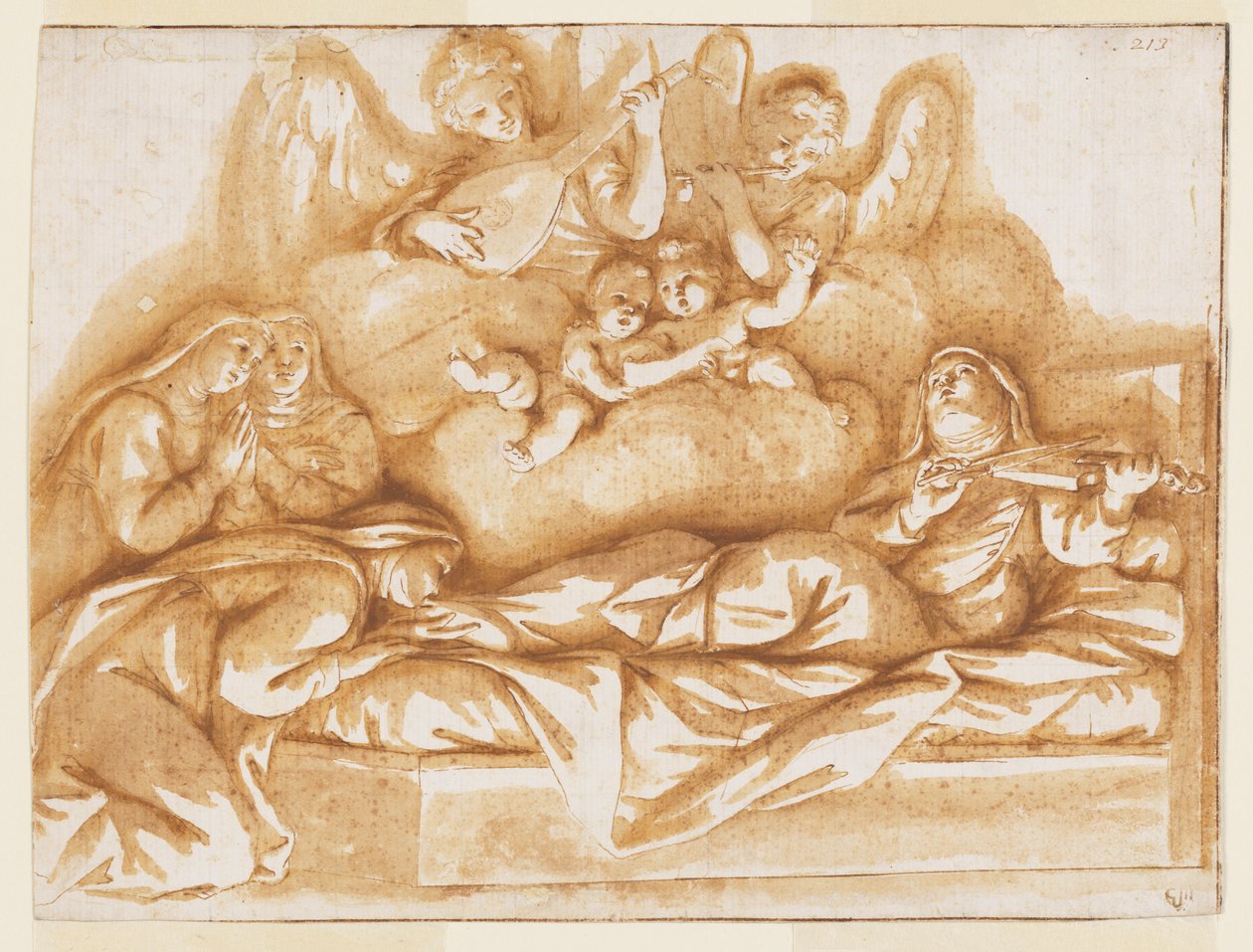Design for et monokromt veggmaleri, Corpus Domini-kirken, Bologna, Italia, St. Caterina Vigris død av Marc Antonio Franceschini