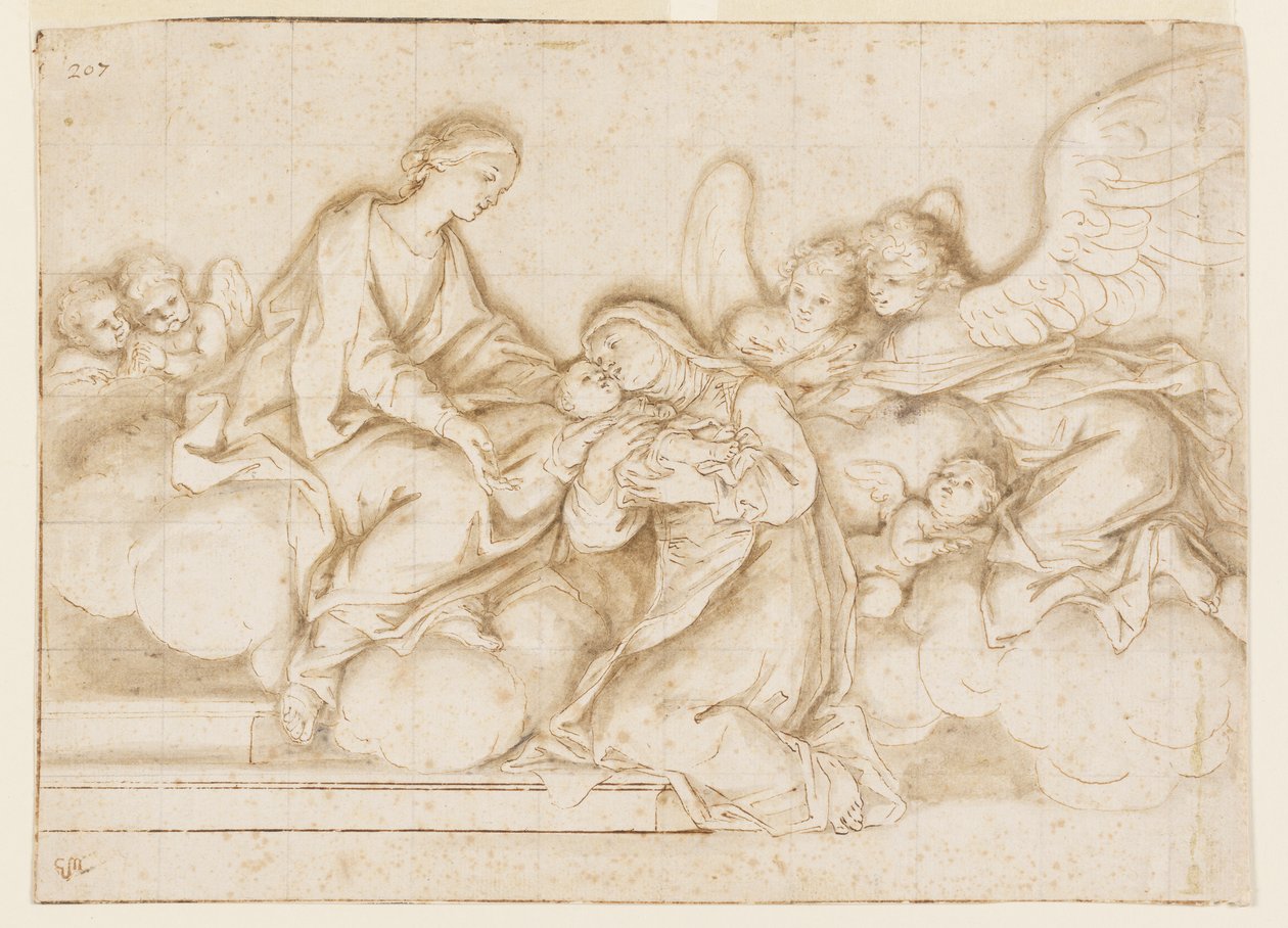 Design for et monokromt veggmaleri, Church of Corpus Domini, Bologna, Italia, St. Caterina Vigri mottar babe fra jomfruen av Marc Antonio Franceschini