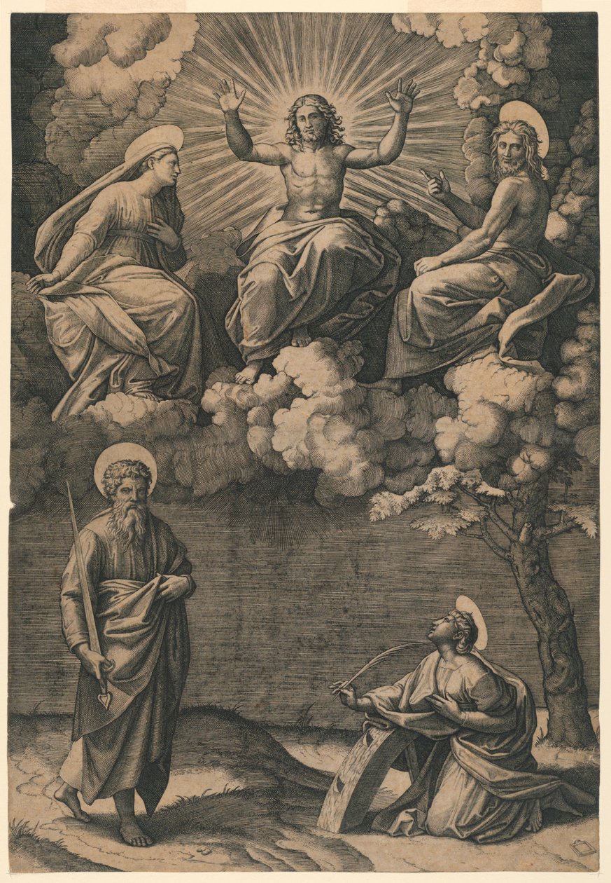 Jesus Kristus, jomfruen og døperen Johannes med de hellige Paulus og Katarina av Marc Antonio Raimondi