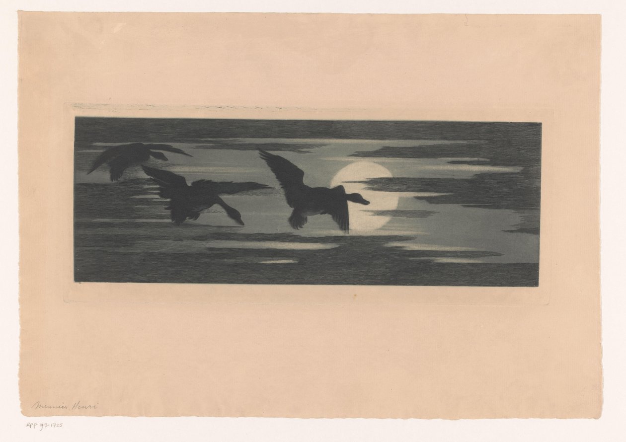 Tre ender vandrer forbi solnedgangen av Marc Henry Meunier (attributed to)