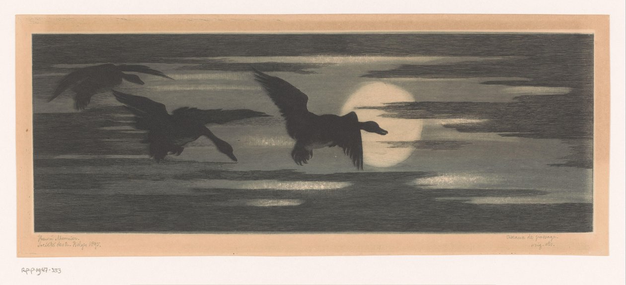 Tre ender som går forbi solnedgangen av Marc Henry Meunier (attributed to)