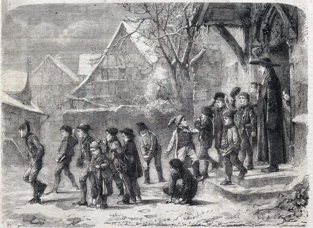 Ute av skolen om vinteren. Gravering etter et maleri av MB Vautier i "The Universe Illustrous" av Marc Louis Benjamin (after) Vautier