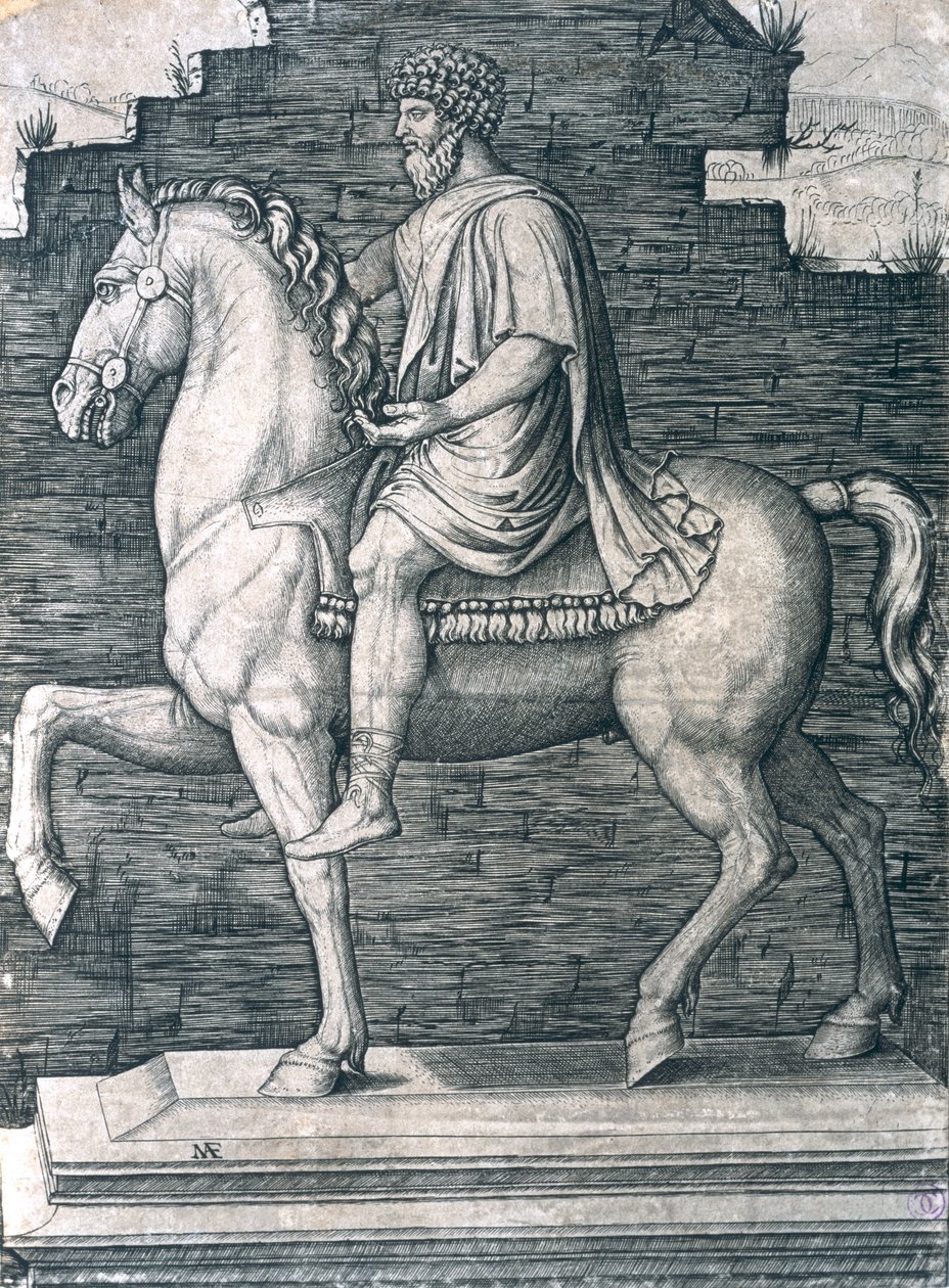 Rytterstatue av Marcus Aurelius (121–180 e.Kr.) av Marcantonio Raimondi