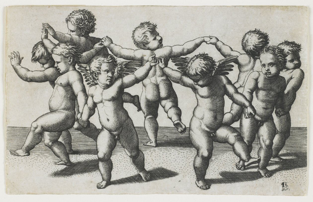To amoriner som leder barn i en dans, ca. 1517-1520 av Marcantonio Raimondi