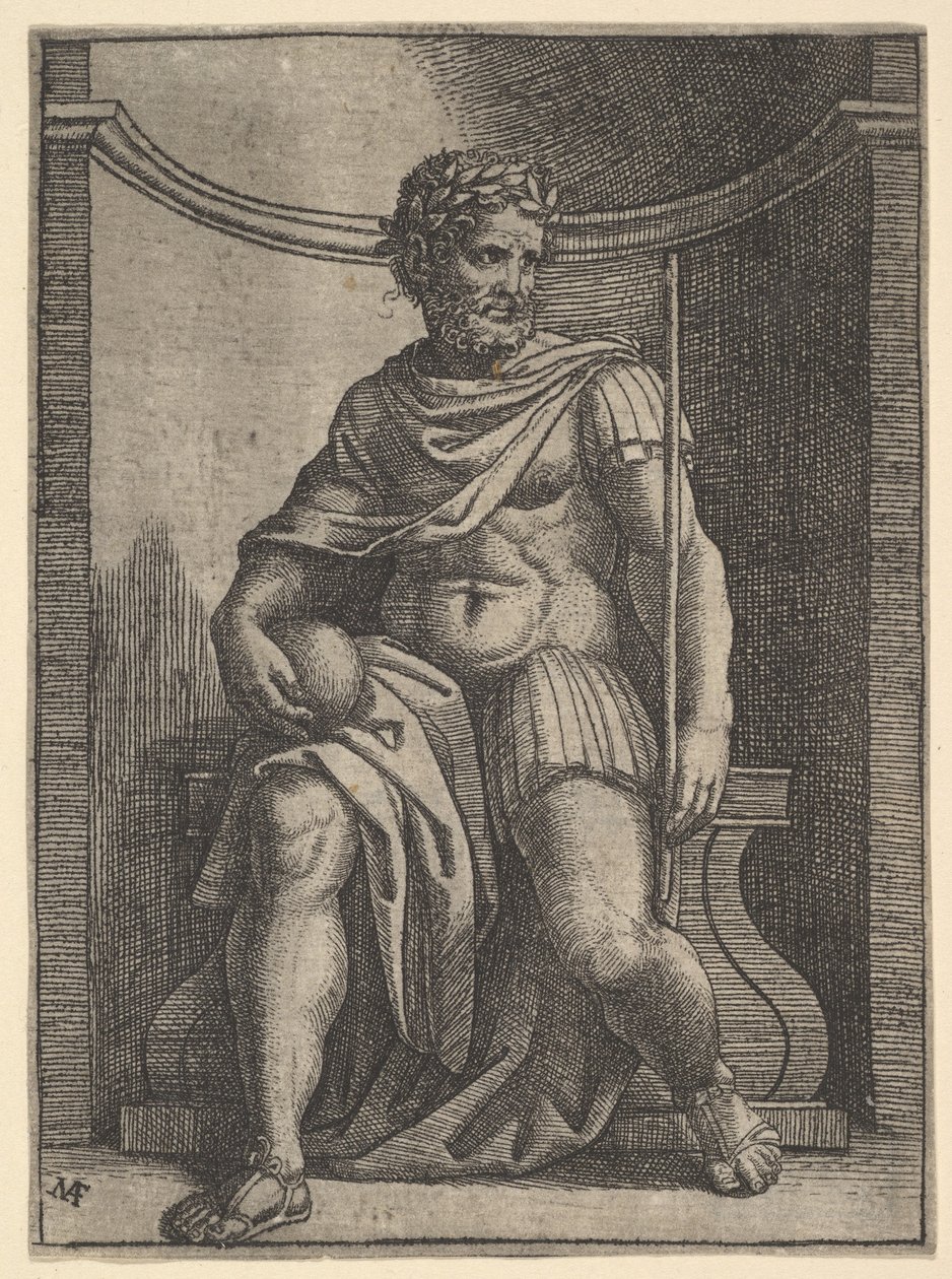 En romersk keiser som sitter i en nisje med en globus og septer og ser på sin..., ca. 1500-1534. av Marcantonio Raimondi