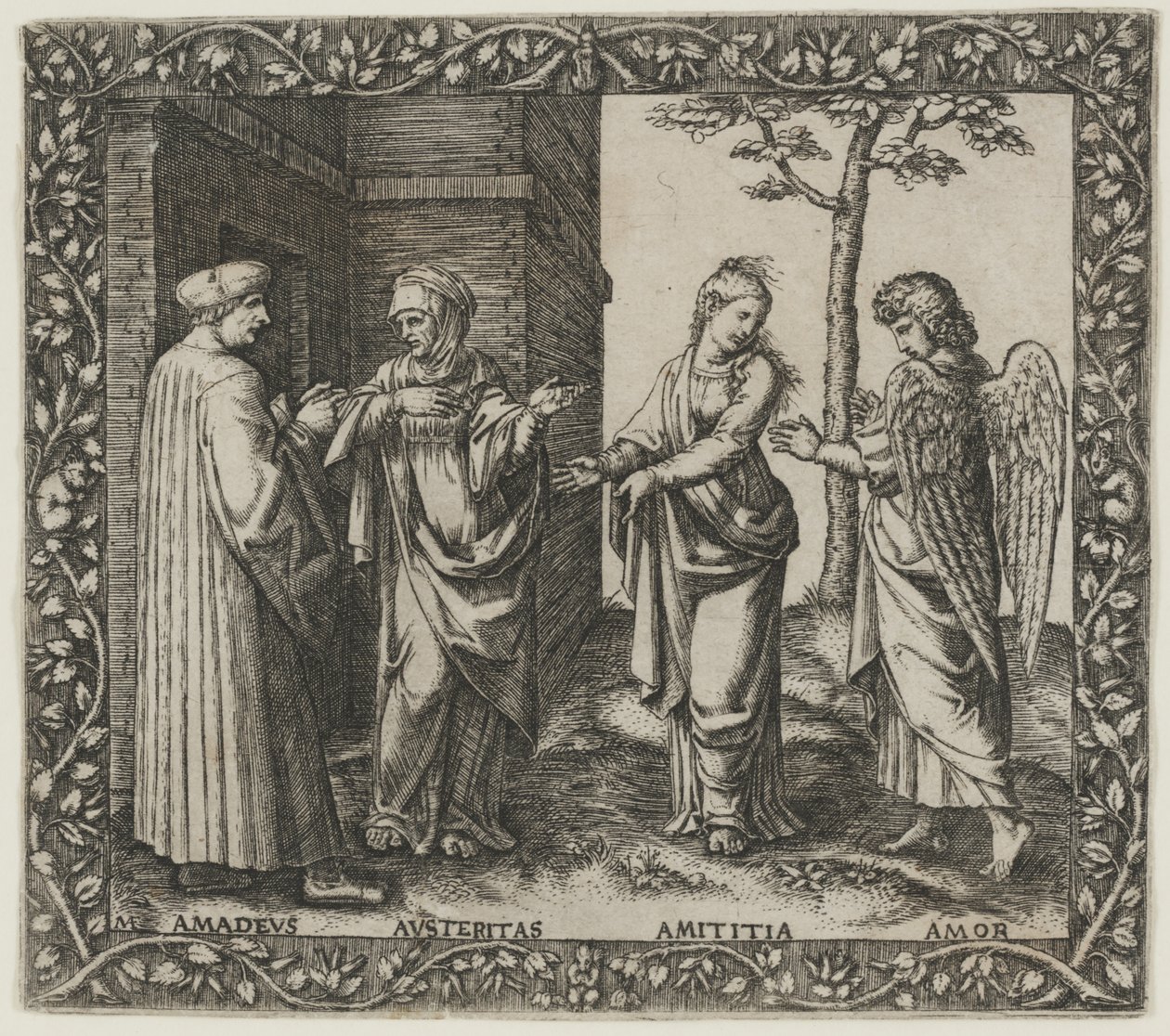 Amadeus Berruti med nøysomhet, Amititia og kjærlighet av Marcantonio Raimondi