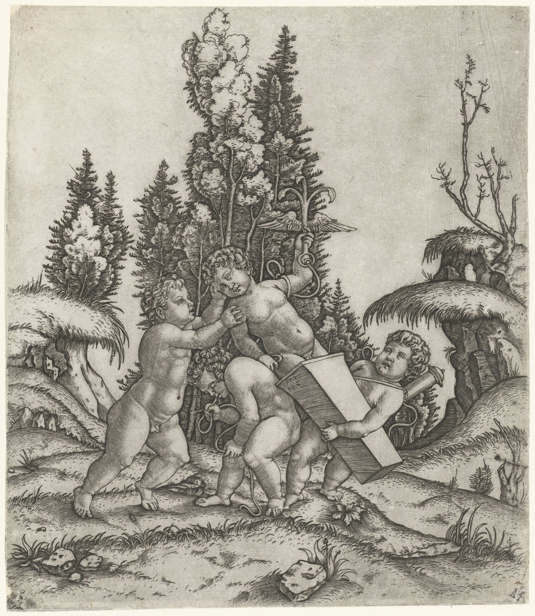 Amor og to putti eller barn bærer en statue av en putti med et bevinget anker på en sokkel av Marcantonio Raimondi