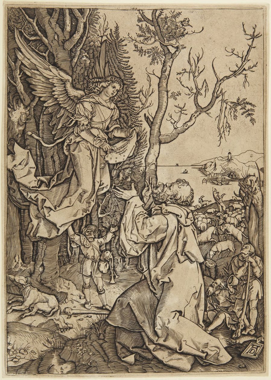 Engelen viser seg for Joakim, plate 2 fra Jomfru Marias liv av Marcantonio Raimondi