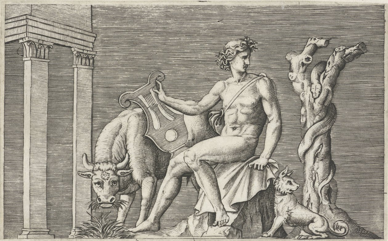 Apollo vokter flokken til Admetus Mytologiske representasjoner etter eldgamle basrelieffer (serietittel) av Marcantonio Raimondi