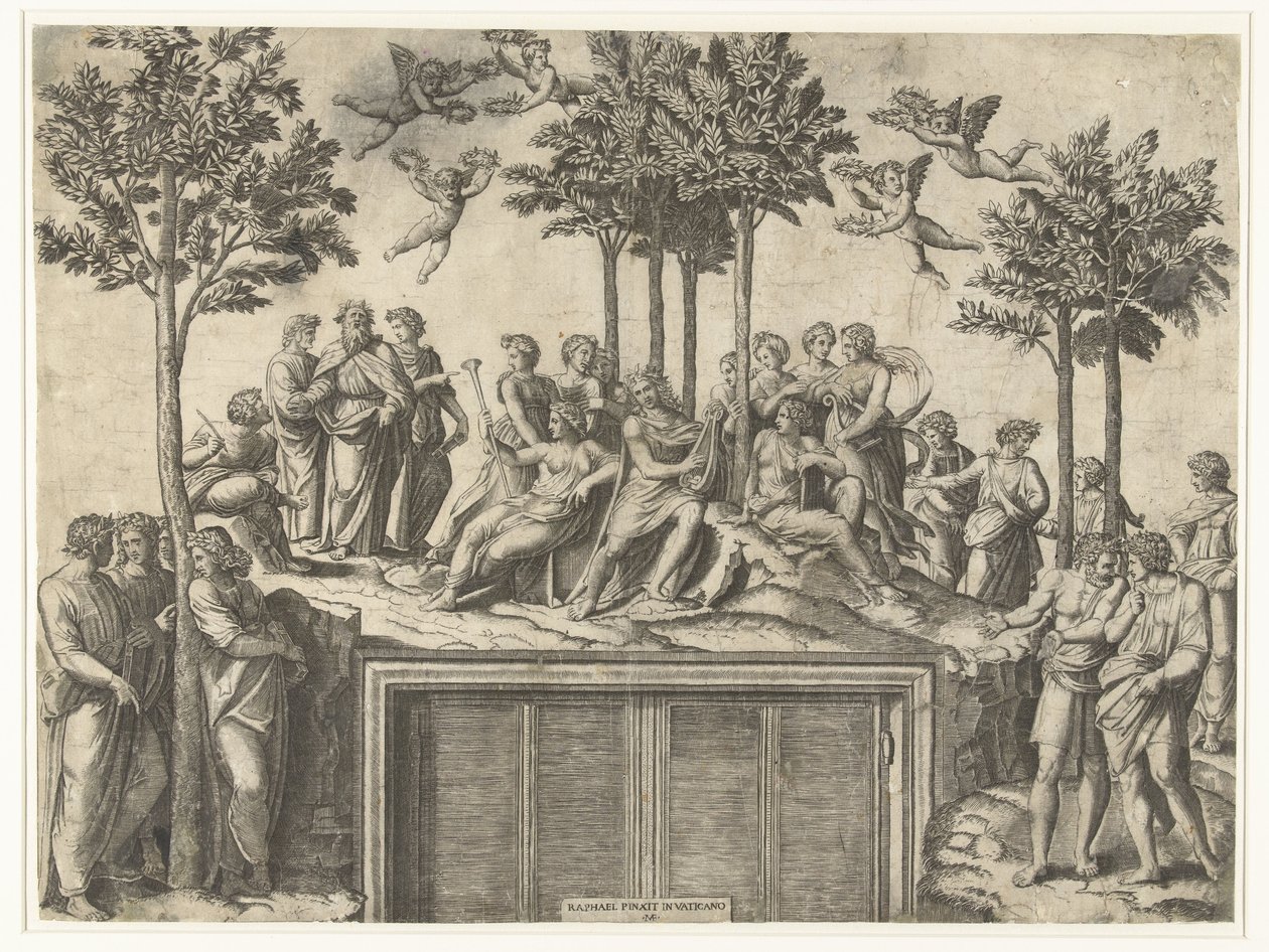 Apollo og muser på Mount Parnassus av Marcantonio Raimondi