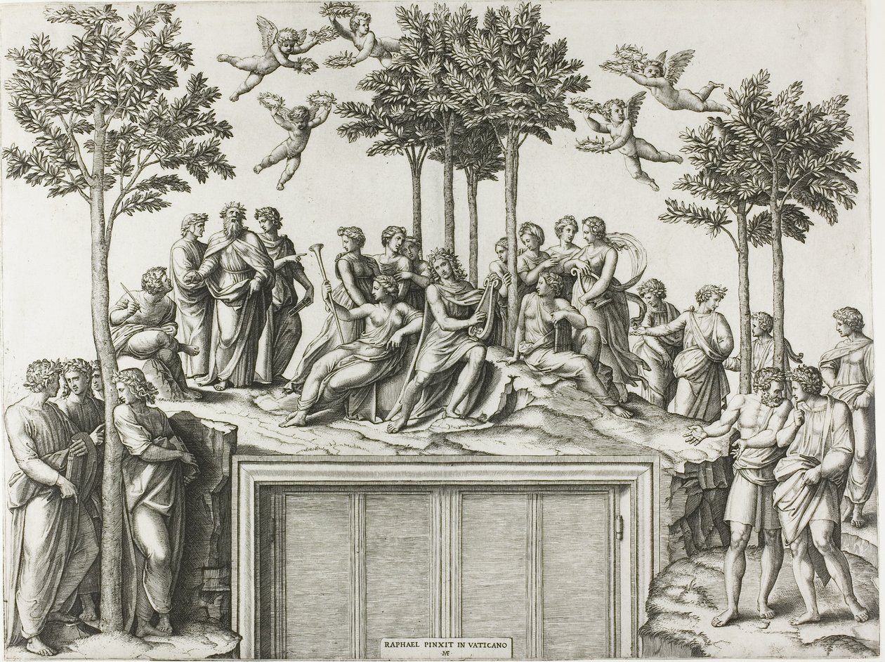 Apollo på Parnassus, omgitt av musene og poetene av Marcantonio Raimondi