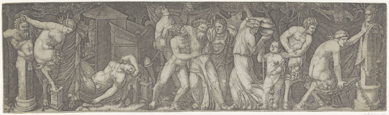 Bacchanal med full Bacchus og satyrer og maenader av Marcantonio Raimondi