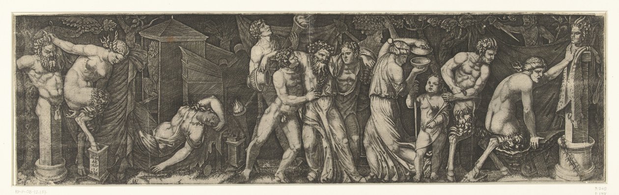 Bacchanal med en Drunken Bacchus, og Satyrs and Maenads av Marcantonio Raimondi