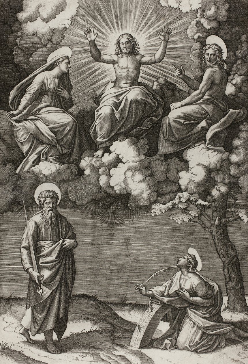 Kristus, jomfruen og døperen Johannes med de hellige Paulus og Katarina av Marcantonio Raimondi