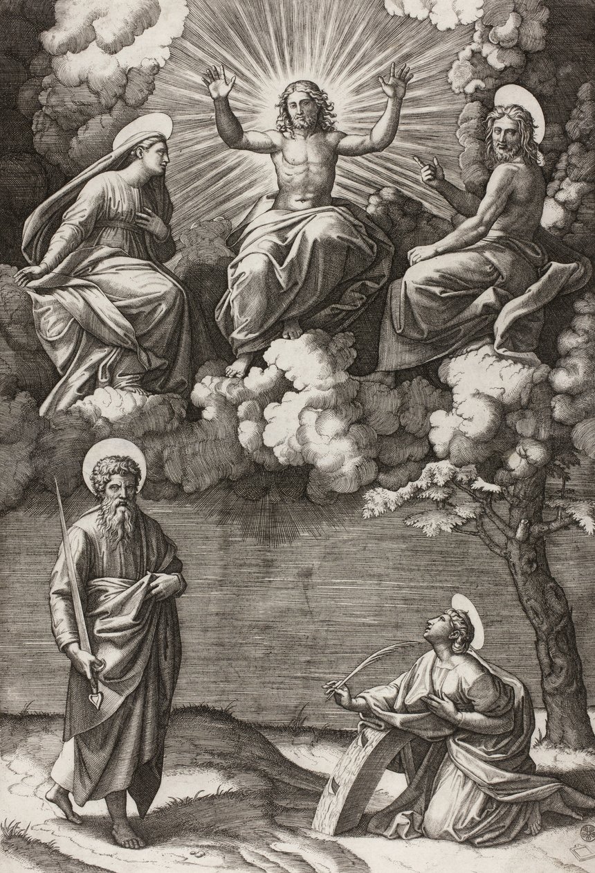 Kristus, jomfruen og døperen Johannes med de hellige Paulus og Katarina, 1520-25 av Marcantonio Raimondi