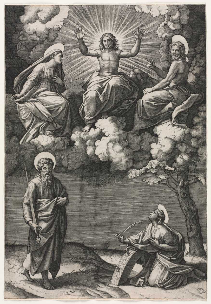 Kristus, jomfruen og døperen Johannes med de hellige Paulus og Katarina av Marcantonio Raimondi