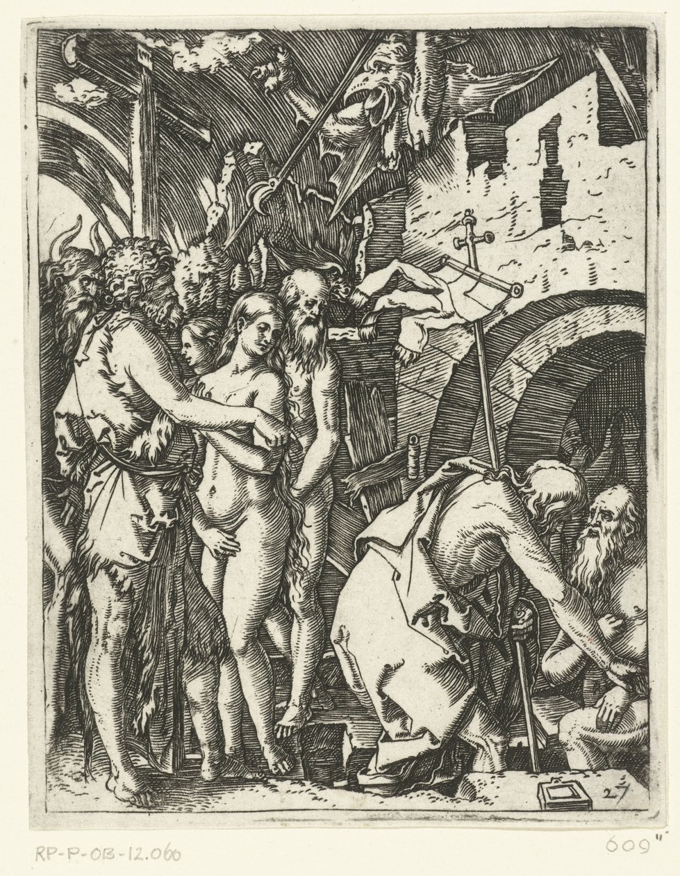 Kristus forlater helvete og frigjør patriarker og profeter og andre Passion of Christ (serietittel) av Marcantonio Raimondi