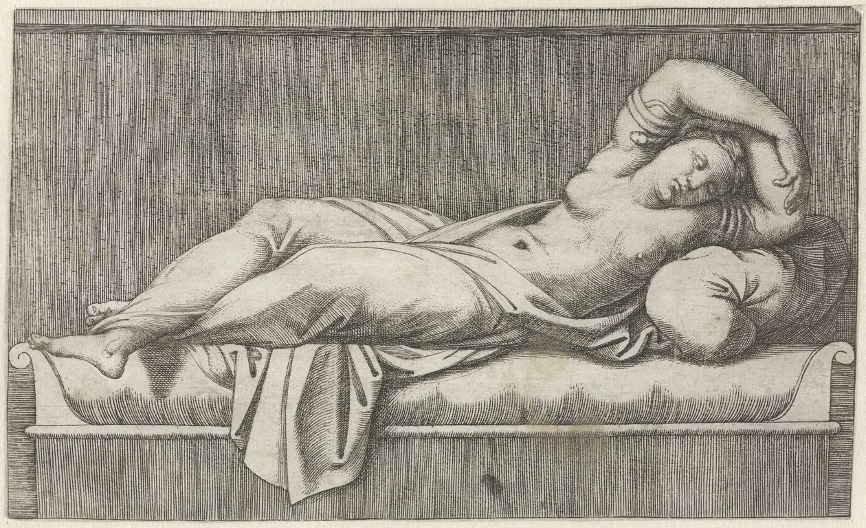 Cleopatra halvnaken liggende på sengen av Marcantonio Raimondi