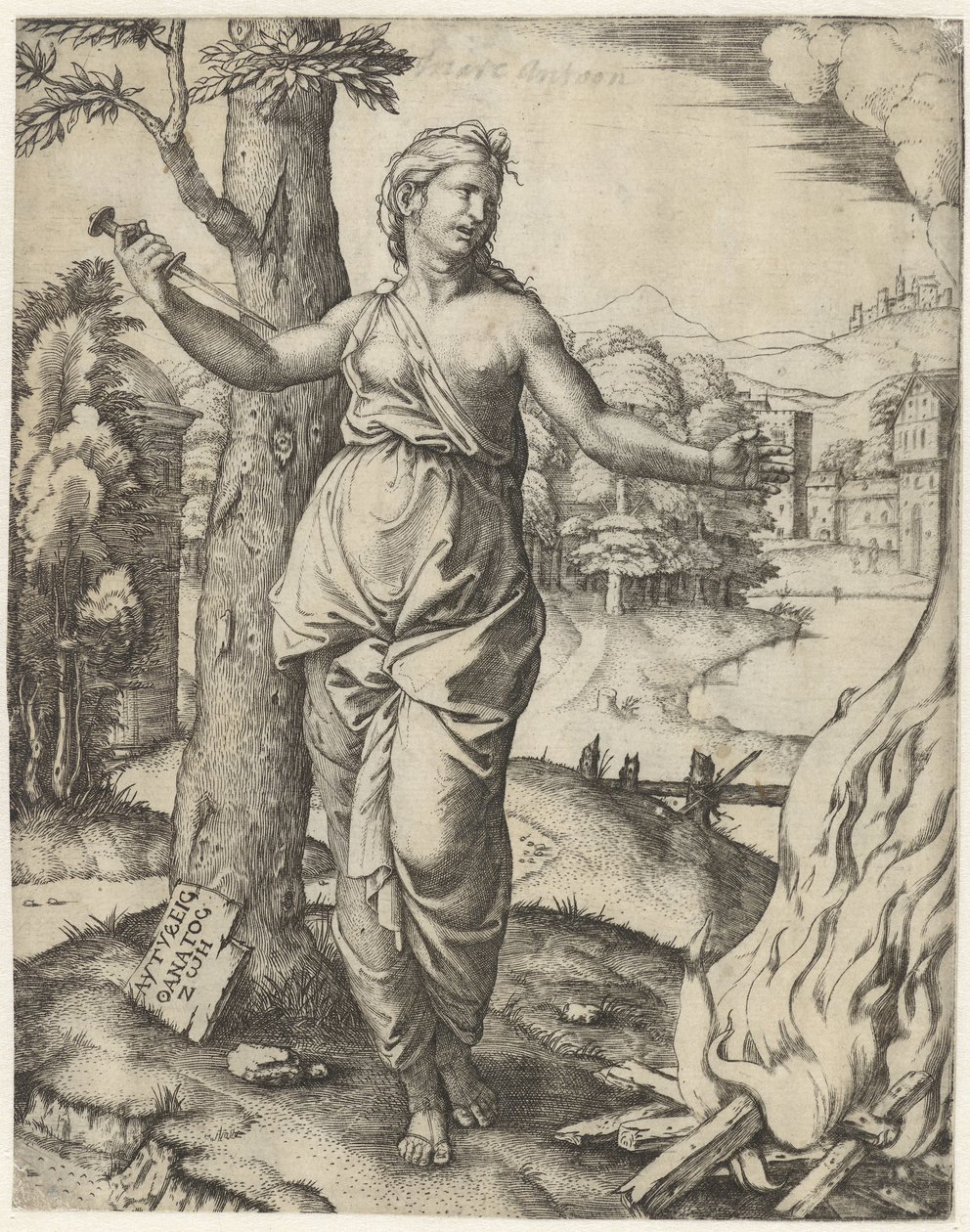 Dido dreper seg selv med dolk ved siden av bålet av Marcantonio Raimondi