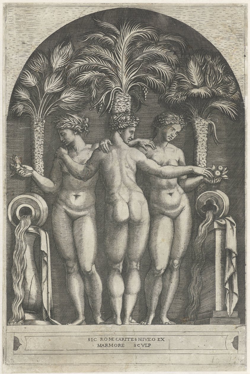 Three Graces står i en nisje foran tre palmetrær og flankert av mugger som det renner vann fra. av Marcantonio Raimondi