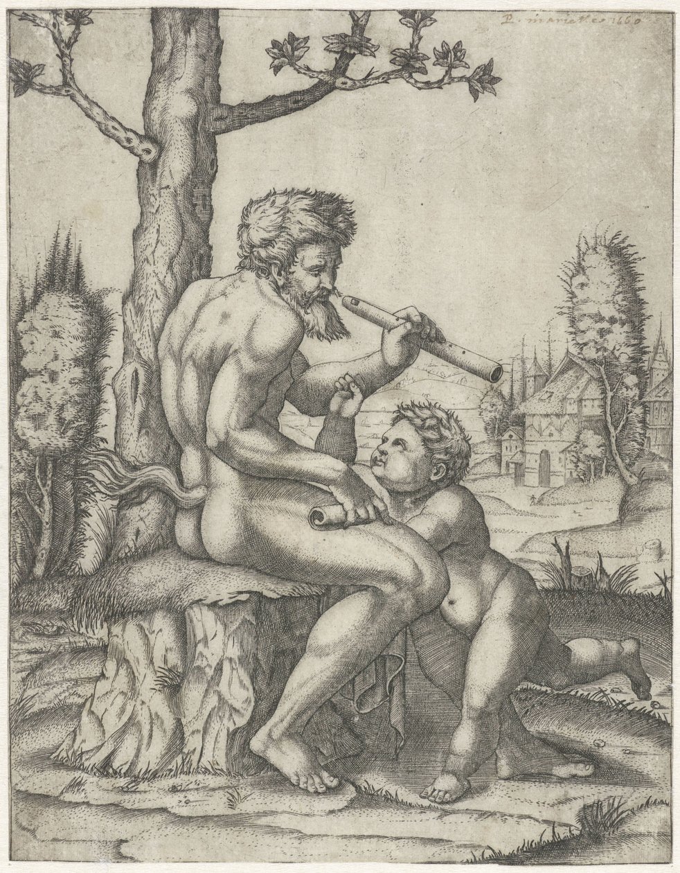 Faun med fløyte spiller med barn av Marcantonio Raimondi