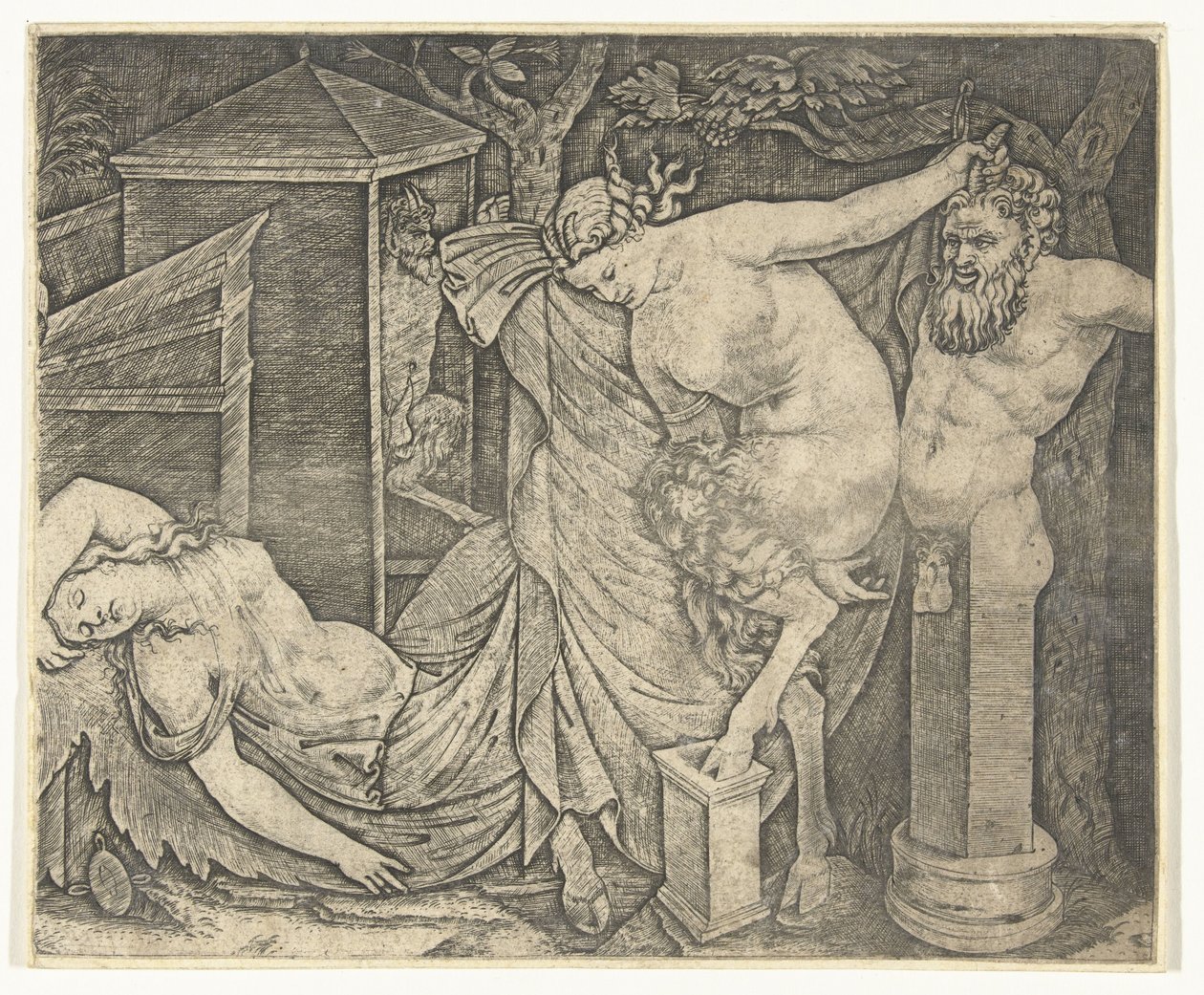 Fragment av Bacchanal med Satyr Woman og Herme og Sleeping Bacchante av Marcantonio Raimondi