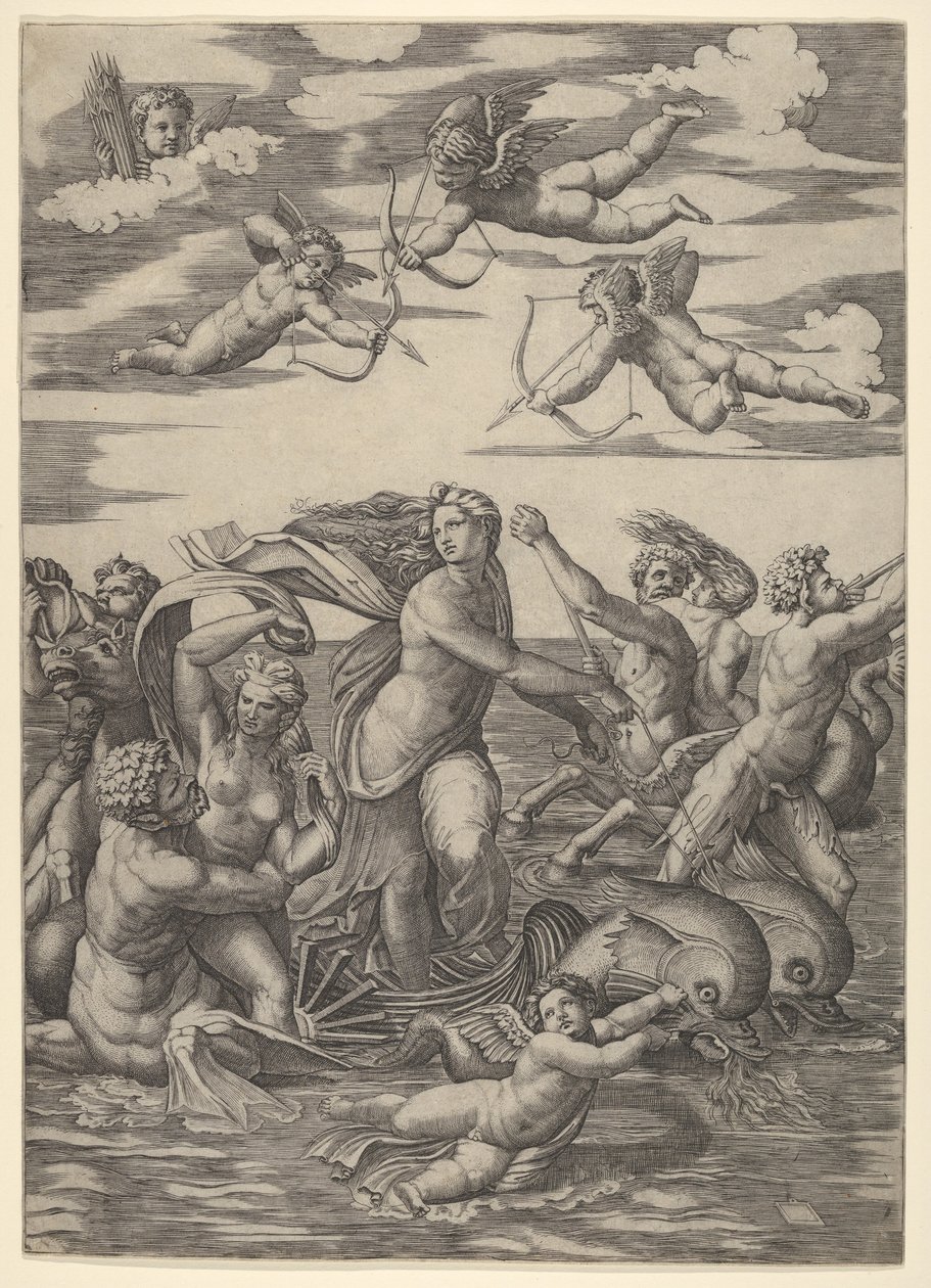 Galatea stående i en vannvogn trukket av to delfiner, omgitt av tritoner, nere..., 1515-16. av Marcantonio Raimondi