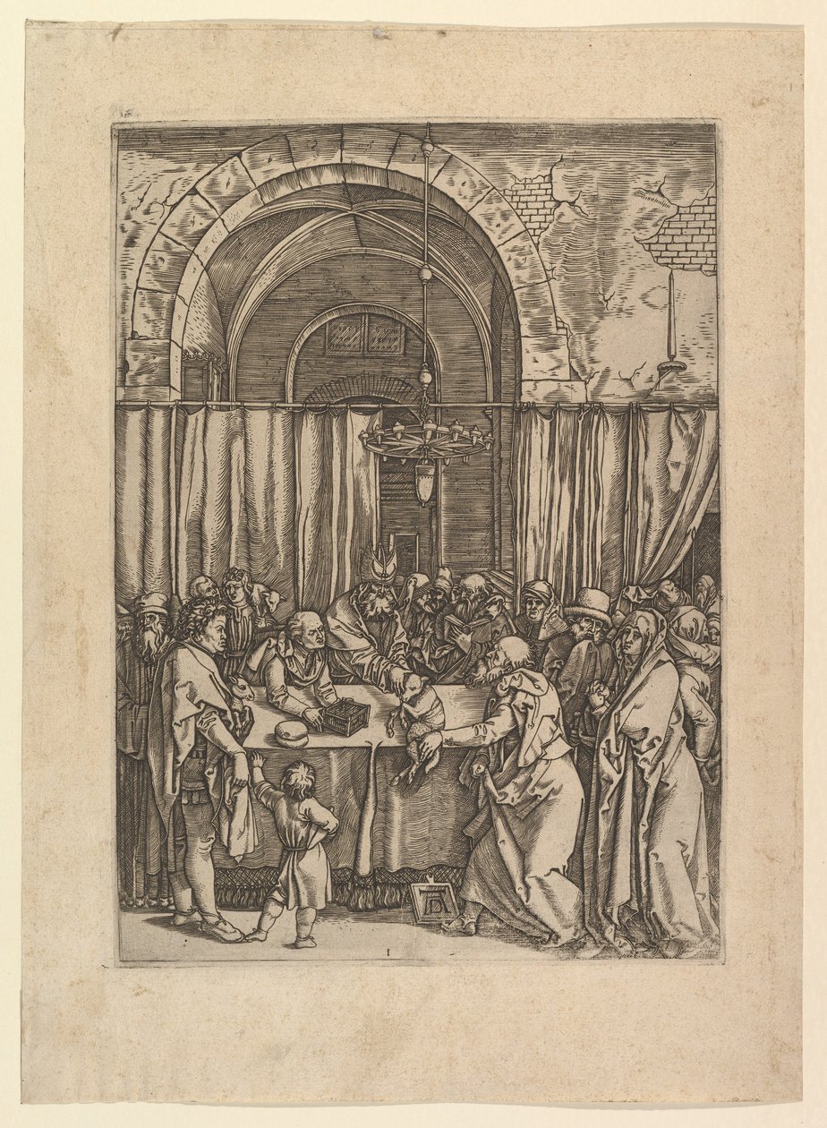 Yppersteprest som nekter å ofre lam fra Joachim, etter Dürer, ca. 1500-1534. av Marcantonio Raimondi